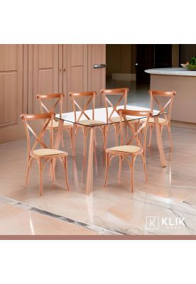 Imagen 2 del producto Comedor mesa de vidrio nórdica 140x90 cm + 6 sillas Crossback Madera