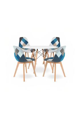 Comedor Mesa Redonda Blanca 100cm + 4 Sillas Eames Patchwork Tela Wood Celeste