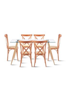 Comedor Mesa de Vidrio Rectangular 120x80 + 6 Silla Crossback Madera