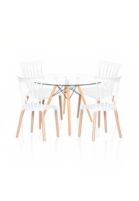Comedor Mesa Eames Redonda vidrio 100cm + 4 Sillas Windsor Blancas