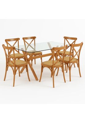 Comedor mesa de vidrio cross 140x90 + 6 sillas Crossback Madera