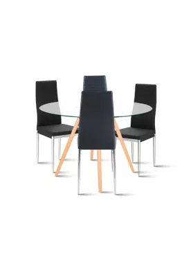 Comedor Mesa Eames 100cm redonda vidrio + 4 Sillas Dining Liana Acolchadas - Negras
