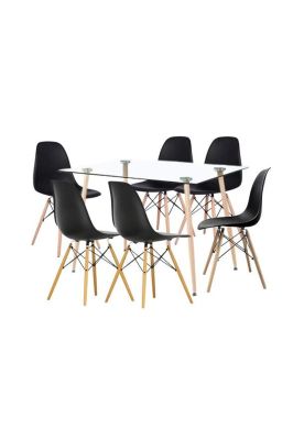 Comedor Mesa de Vidrio Rectangular 120x80 + 6 Sillas Eames Negras