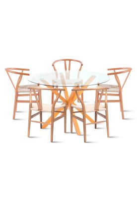 Comedor Mesa redonda de vidrio Cross 120cm + 5 Sillas Wishbone Madera