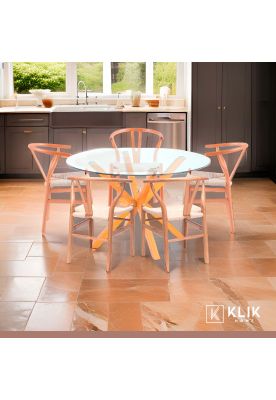 Imagen 2 del producto Comedor Mesa redonda de vidrio Cross 120cm + 5 Sillas Wishbone Madera