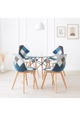 Imagen 2 del producto Comedor Mesa Eames Redonda vidrio 80cm + 4 Sillas Eames Patchwork Tela Wood Celeste