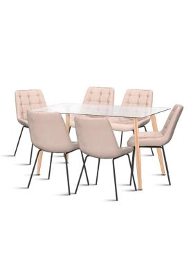 Comedor Mesa Vidrio Rectangular 120x80 + 6 Silla Macron Terciopelo - Beige