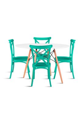 Comedor Eames 80cm redonda Blanca + 4 Sillas Crossback Danubio Menta