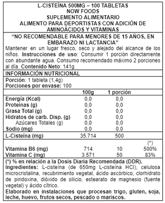 Imagen 2 del producto L-Cysteine 500 mg 100 tabs - Now Foods