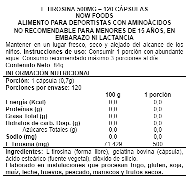 Imagen 2 del producto L-Tyrosine 500 mg 120 caps - Now Foods