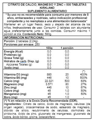 Imagen 2 del producto Calcium, Magnesium and Zinc 500 Tabs - Kirkland