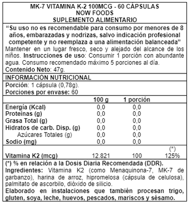 Imagen 2 del producto MK-7 Vitamin K-2 100 mcg 60 caps - Now Foods