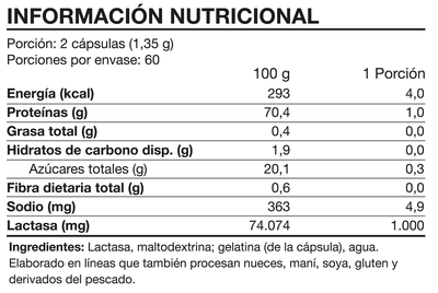 Imagen 2 del producto Lactase Enzyme 1000mg 120 Caps - Foodtech
