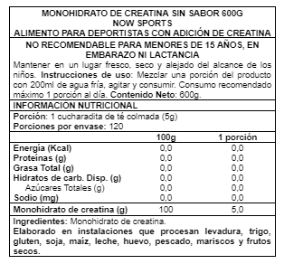 Imagen 2 del producto Creatine monohidrate Powder 600 gr - Now Foods