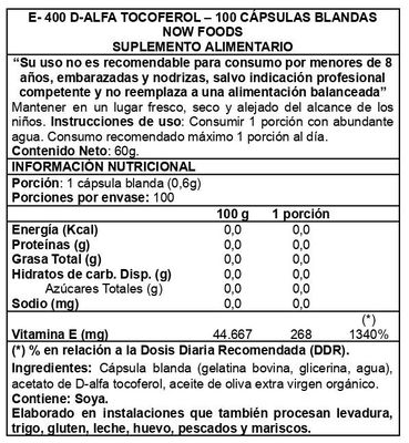 Imagen 2 del producto E-400 d-alpha 100 Caps - Now Foods