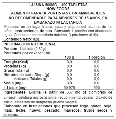 Imagen 2 del producto L-Lysine 500 mg 100 tabs - Now Foods