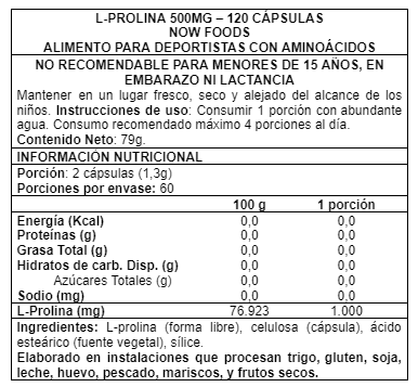 Imagen 2 del producto L-Proline 500 mg 120 caps - Now Foods