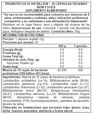 Imagen 2 del producto Probiotic-10 100 Billion 30 caps - Now Foods