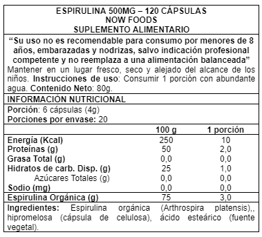 Imagen 2 del producto Spirulina 500 mg 120 caps - Now Foods