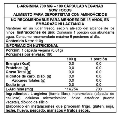 Imagen 2 del producto L-Arginine 700 mg 180 Caps - Now Foods