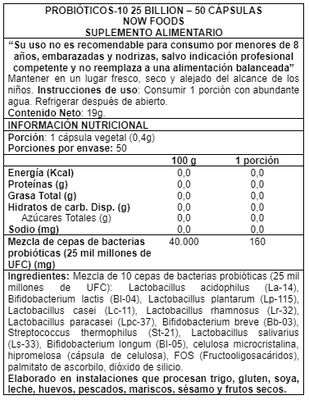 Imagen 2 del producto Probiotic-10 25 Billion 50 caps - Now Foods