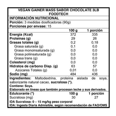 Imagen 2 del producto Vegan Gainer Mass 3 lbs - Foodtech Chocolate