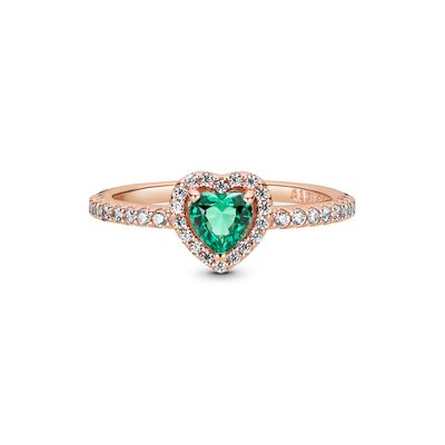 Anillo en Rose Corazón Brillante Elevado y Cristal Verde