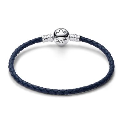 Brazalete de Cuero Trenzado azul con Broche Redondo en Plata