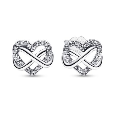 Aretes en Plata de Botón Corazón Infinito Brillante