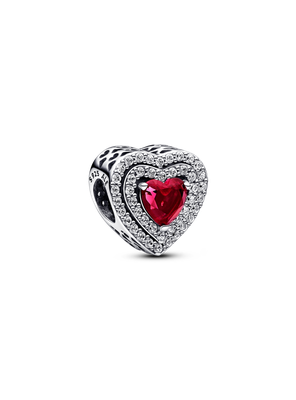 Charm Plata Corazon Nivelado Rojo y Cristal Rojo Cereza
