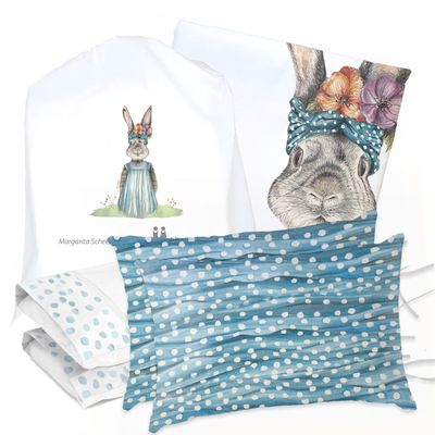 JUEGO DE CAMA FUNDA DE PLUMÓN + SABANA BAJERA + 4 FUNDAS ALMOHADA CONEJA FLORA KING