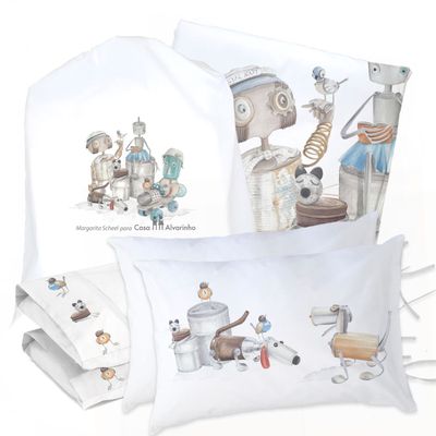 JUEGO DE CAMA FUNDA DE PLUMÓN + SABANA BAJERA + 4 FUNDAS ALMOHADA ROBOTS SUPER KING