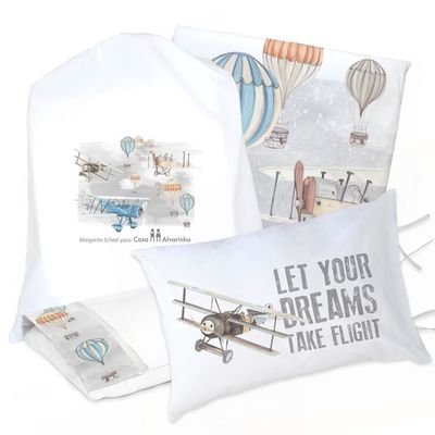 JUEGO DE CAMA FUNDA DE PLUMÓN + SABANA BAJERA +2 FUNDAS ALMOHADA AVIONES Y GLOBOS 1 PLAZA