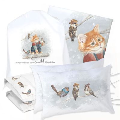 JUEGO DE CAMA FUNDA DE PLUMÓN + SABANA BAJERA + 4 FUNDAS ALMOHADA GATITO Y AMIGOS 2 PLAZAS