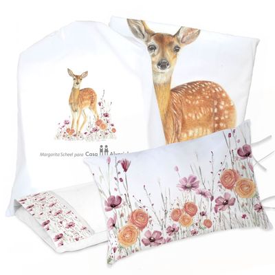 JUEGO DE CAMA FUNDA DE PLUMÓN + SABANA BAJERA +2 FUNDAS ALMOHADA BAMBI FLORES 1,5 PLAZAS