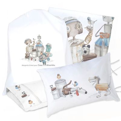 JUEGO DE CAMA FUNDA DE PLUMÓN + SABANA BAJERA +2 FUNDAS ALMOHADA ROBOTS 1,5 PLAZAS