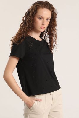 Polera strass y perla liola mujer negro