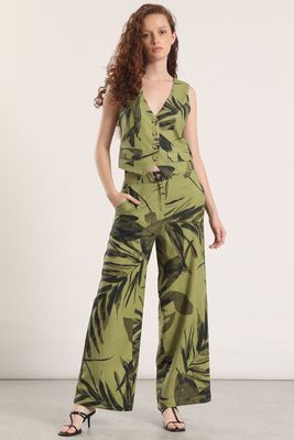 Pantalón ancho lino estampado liola mujer verde