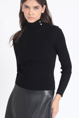 Sweater, Tejido Punto, Boton Decorativo, Negro Liola