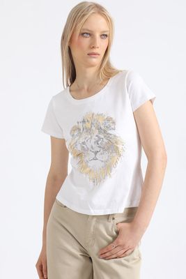 Polera Algodón Estampado Leon, Folia, Crudo Liola