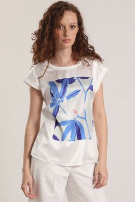 Polera satin flor estampada liola mujer azul