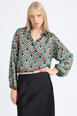 Blusa Crop Satin Estampado Retro, Café Liola