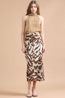 Falda Midi Con Lino, Animal Print, Café Liola