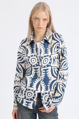 Camisa Satin Estampado Bicolor Boho, Azul Liola