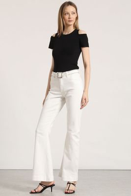 Jeans flare con cinturón liola mujer crudo