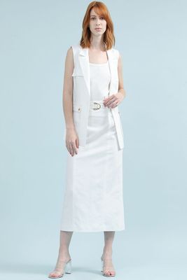 Falda Midi Con Cinturon, Lino Algodon, Crudo Liola