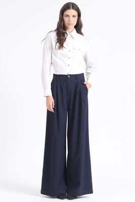 Pantalon Ancho Listado,Tiro Alto Con Pinzas, Azul Liola