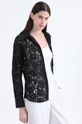 Blusa Encaje Boton Fantasia, Negro Liola