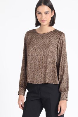 Blusa Satin Estampado Manchas, Cafe Liola