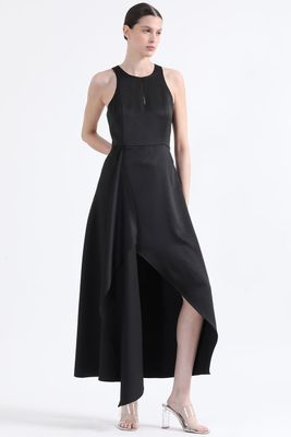 Vestido Maxi, Rucha Asimetrica, Negro Liola